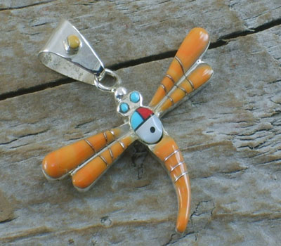 Orange Spiny Oyster Inlay Dragonfly Pendant